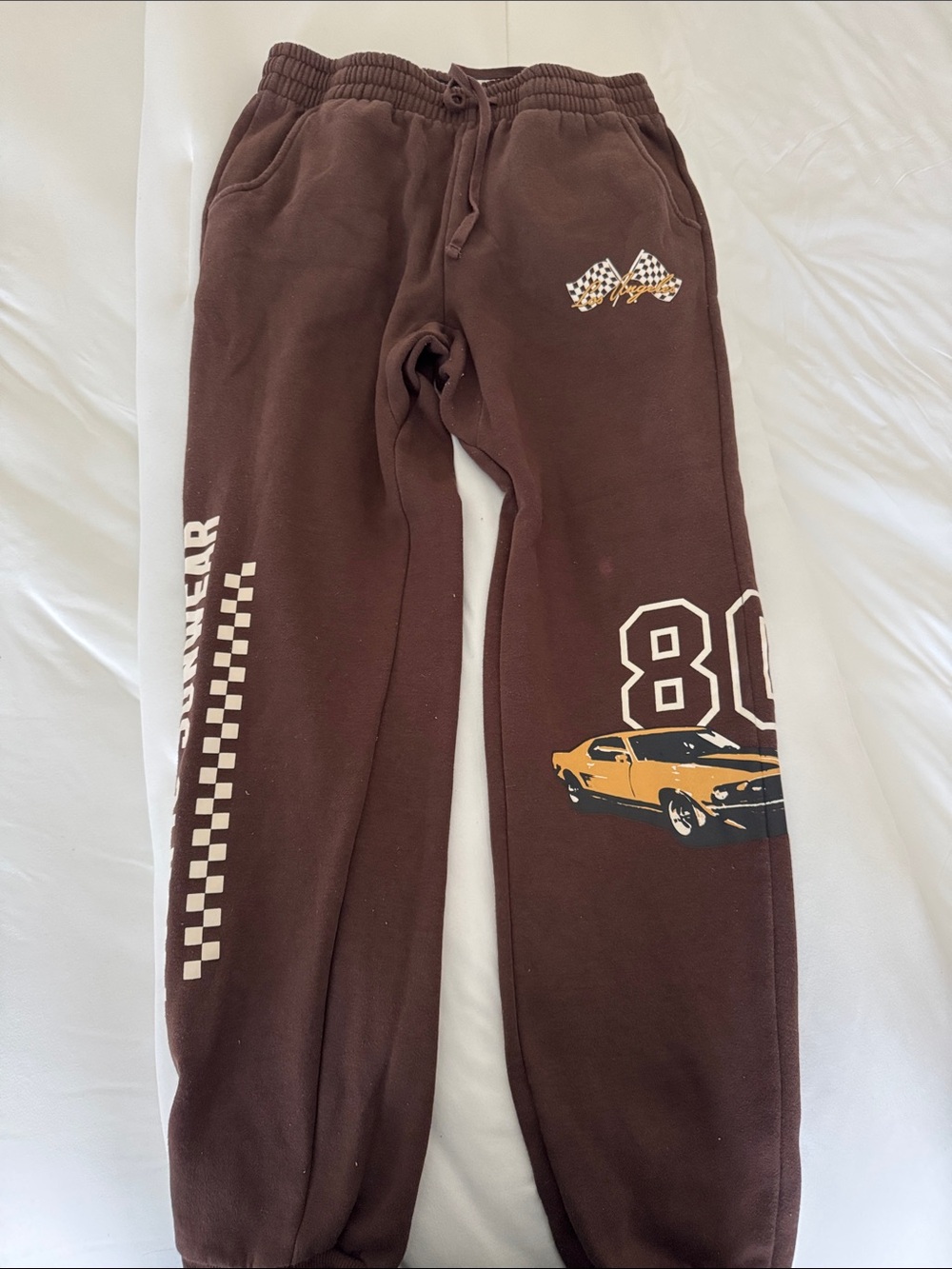 Men’s Brown Graphic Sweatpants with Yellow Car Print
